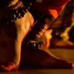Close-up of a classical dancer’s feet with ghungroo during practice at classical dance classes in Kannur.