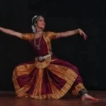 Bharatanatyam dancer performing an elegant pose on stage during classical dance classes in Kannur.